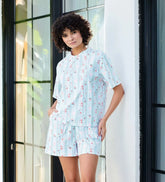 Deniz Mavisi Çiçekli Pijama Takımı Zalle